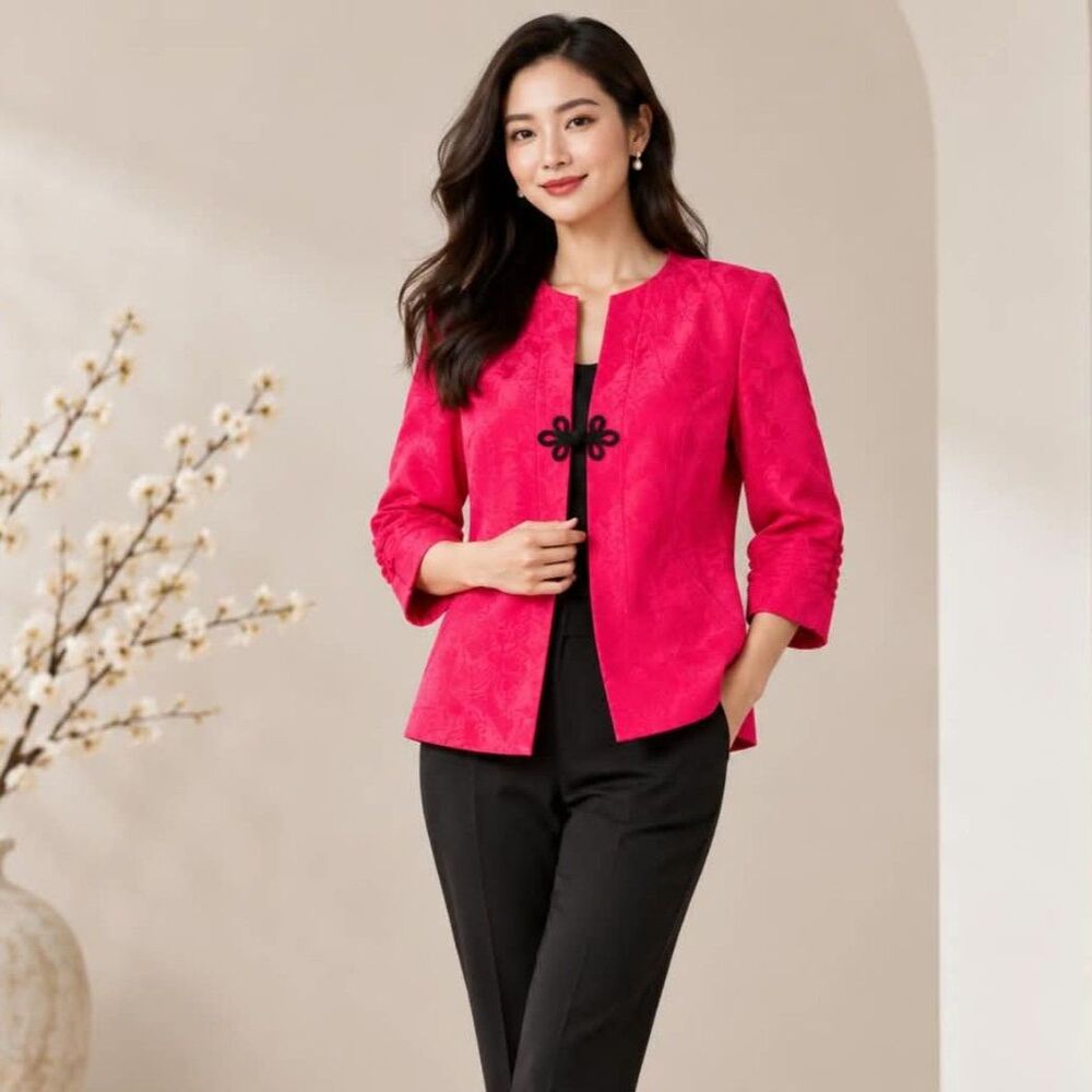 Vintage Red Jacquard Women’s Jacket 6 Chinoiserie Frog Closure Y2K